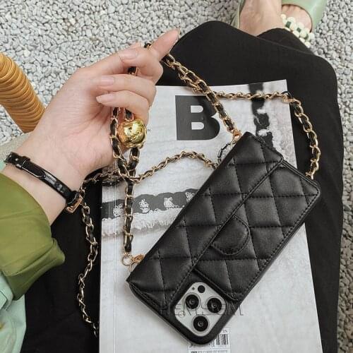 CC Fashion Gold Ball Leather Chain Brand Lambskin PU Leather Case for iPhone 12 11 Pro XS Max XR 8 Plus Card Bag Cover Accessory