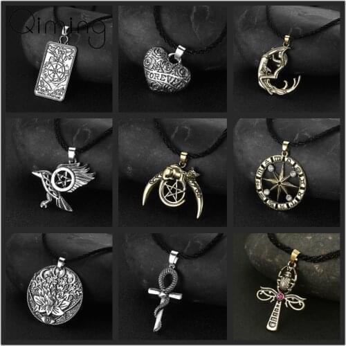Ancient Amulet Ankh Mens Necklace Crescent Moon Star Love Heart Raven Bird Snake Cross Cletic Jewelry Women Necklaces Gift