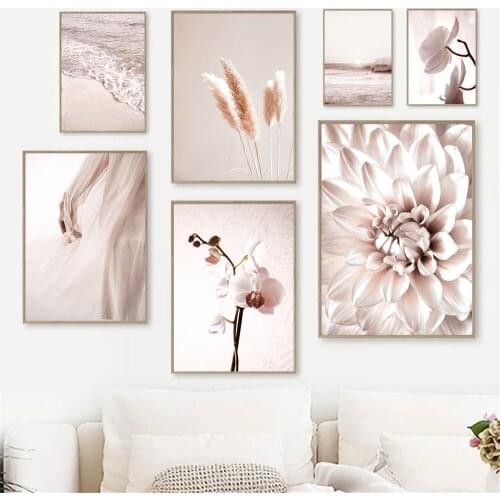 Sunset Girl Beach Wave Wall Art Canvas Painting Pink Flower Print Ocean Landscape Art Poster Nordic Wall Pictures Bedroom Decor