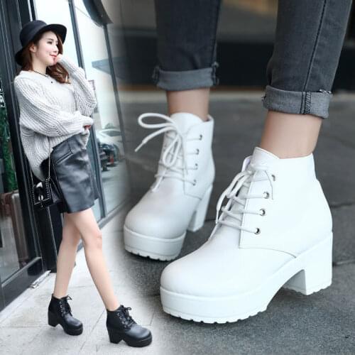 New Fashion Spring Autumn Thick High Heels Round Toe Antiskid Sole Ankle Women Boots Lace-up Platform Shoes 20181229