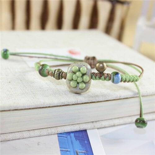 New Ceramic Beaded Bracelet Succulents Plant Design Charm Bracelets For Women Ethnic Multilayer Rope Knot Bangle Men Jewelry