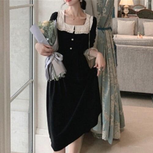 Korean Clothing 2021 Spring French Vintage Dress Women Casual Button Elegant Party Dress Square Collar Long Sleeve Black Dress