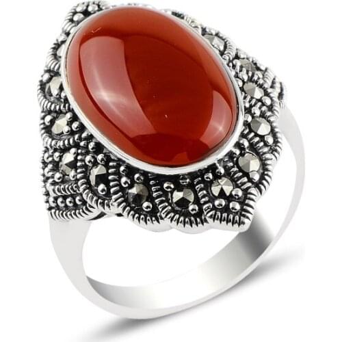 Silver 925 Sterling Red Agate & Marcasite Ring