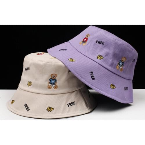 2021 Fashion Summer Bucket Hats for Women Cartoon Little Bear Embroidery Fisherman Hat Outdoor bob Hip Hop Panama Cap