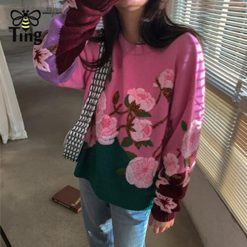 Tingfly Winter Autumn Rose Flower Embroidery Pink Sweater New Design Christmas Sweaters Knitwear Traf Pullovers Clothings Za