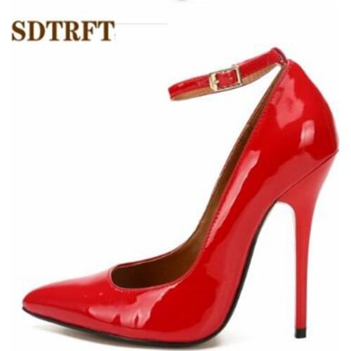 SDTRFT woman Buckle Pumps 14cm thin heels zapatos mujer Pointed Toe Stiletto ladies Patent Leather classic shoes Plus:40-48 49