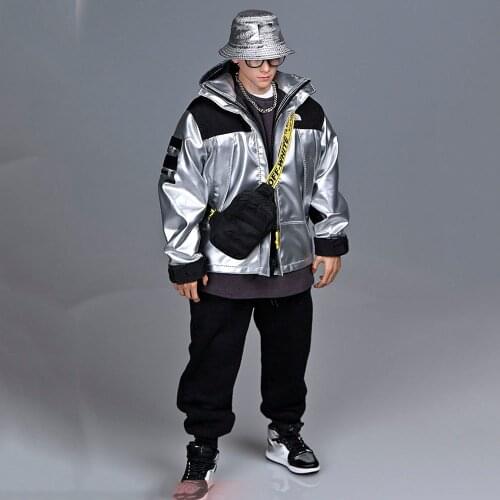 In Stock 1/6 Scale Fashion Male Figure Jacket Tooling Metallic Silver Zipper Coat Loose Sports Top Arm with Embroidery Mark