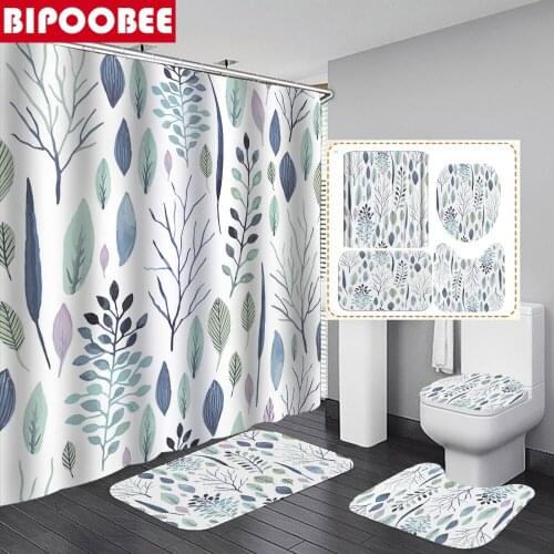 Floral Shower Curtain Leaf Plants Tropical Waterproof Fabric Bathroom Curtains Bath Mat Non-Slip Carpet Toilet Lid Cover Rugs