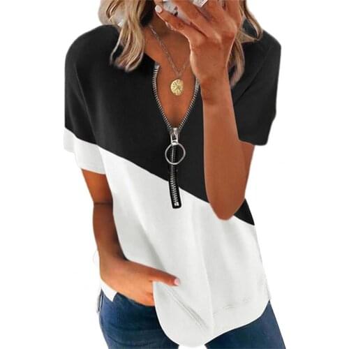 Women T-shirt Two Color Block Zipper Summer V Neck Short Sleeve Pullover Streetwear