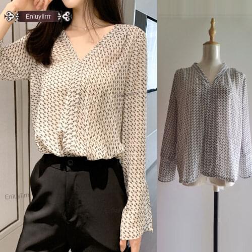 2020 Spring Summer Chiffon Blouse Shirts Hot Sales Temperament Lady V Neck Elegant Office Women Printed Cute Tops E8880