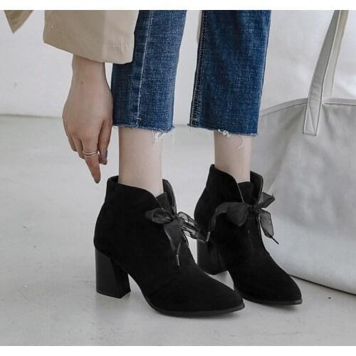 YMECHIC 2019 Fashion Womens Boots Ankle Winter Autumn Ladies High Hoof Heels Lace Up Riband Black Bootie Woman Footwear Big Size