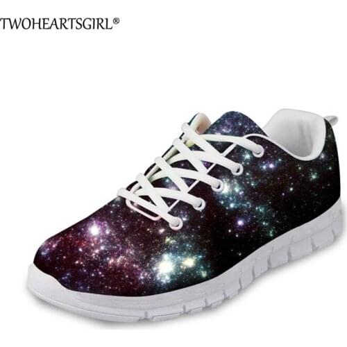 Twoheartsgirl Bling Galaxy Star Space Flats for Women Lace Up Casual Women Mesh Sneakers Personalized Female Ladies Mesh Flats