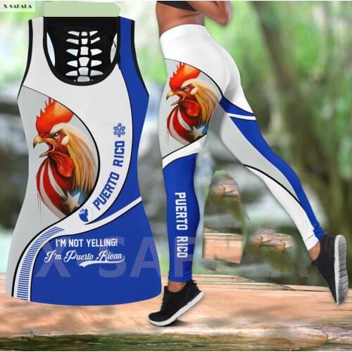 Rooster Puerto Rico 3D Printed Women Combo Two Piece Yoga Set Vest Hollow Out Tank Top High Waist Legging Summer Casual Sport