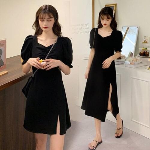 Womens Dresses Elegant Summer Light Dress Fashion Robe Vintage Bodycon Puff Sleeve Tunics With Slit Sexy Loose Korean Casual