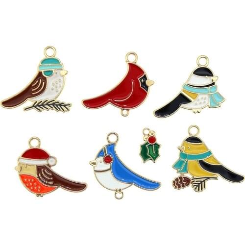 10pcs/lot 25*23mm Cute Animal Enamel Bird Pendant Leaf Charms Kawaii Necklace Bracelet Earring Small DIY Jewelry Findings XL1144