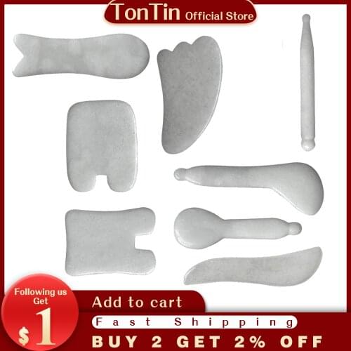 100% Natural White Jade Guasha Scraping Massage Tool Facial Beauty V-line kit 8 types different shape