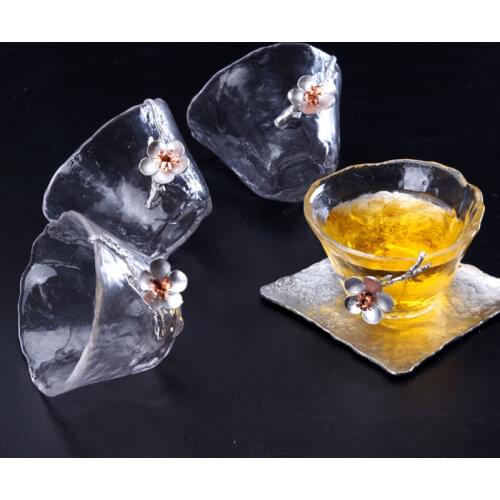 4 Pieces Glass Tea Cup Japanese-style Transparent Tea Cup Master Cup Inlaid with Tin Plum Teacup Small Single Cup Small Tea Bowl