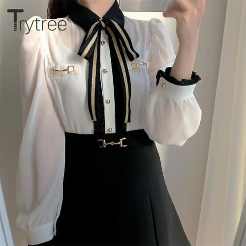 Trytree 2020 Spring Autumn Blouse Women Casual Shiny Bow Turn-down Collar Fake Pockets Single Breasted Office Lady Shirts Tops