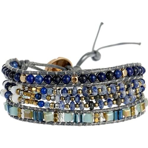 Unique 3 Layers Natural Stone Wrap Bracelet Middle 3 Strands Flat Blue Vein Stone Beades Bracelets for Women Boho Jewelry Gift