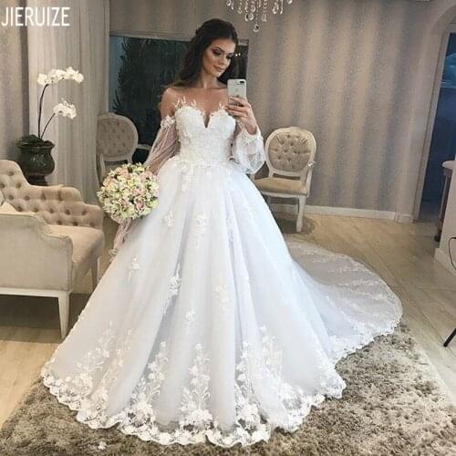 JIERUIZE Elegant Wedding Dresses Illusion Long Sleeves Sweetheart Lace Appliques Zipper Back Wedding Gowns vestido de noiva