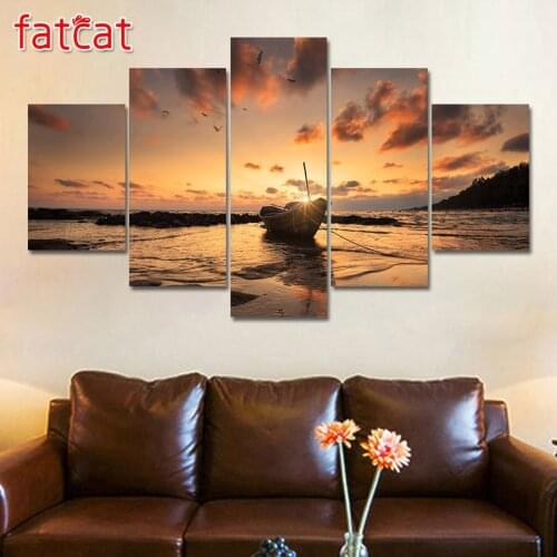 FATCAT 5 Panel Boat Sunset Sea View Landscape Diy Diamond Painting Full Square Round Drill Diamond Embroidery Sale Decor AE1062