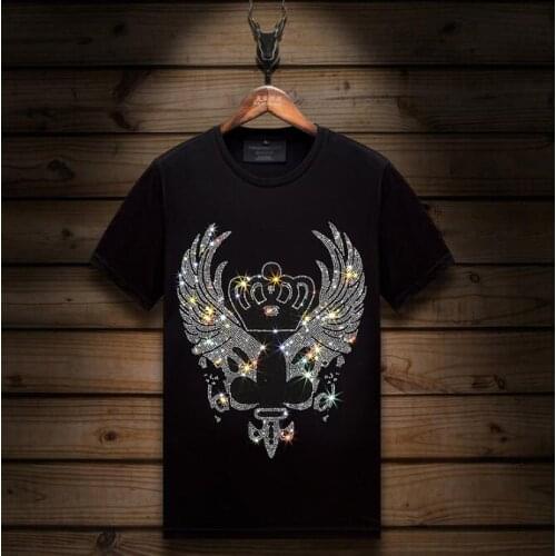 Crown Rhinestones T Shirts Men Brand Short Sleeve Fashion Man Streetwear O Neck Slim Modal Cotton Tshirts Plus Size