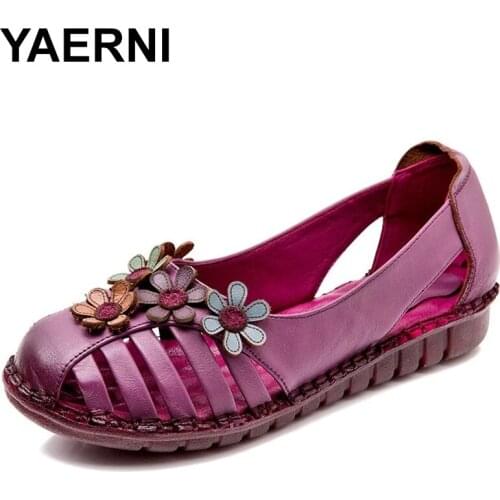 YAERNI Summer Sneakers Women Hollow Out Genuine Leather Flower Flat Sandals Casual Ethnic Retro Ladies Platform Shoes Zapatos