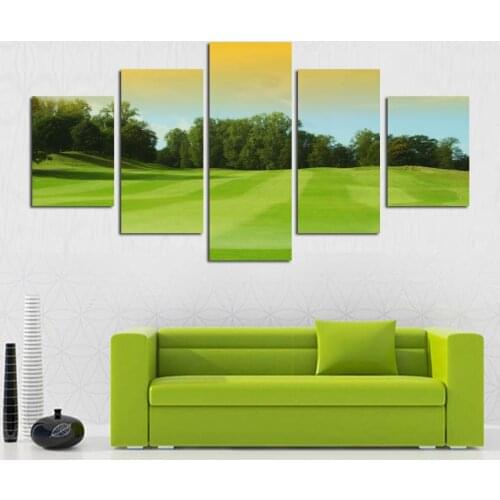 Wall Art Canvas Painting Sticker 5 Panel Green Grassland and Tree Painting HD Large Landscape Picture Home Decor For Living Room