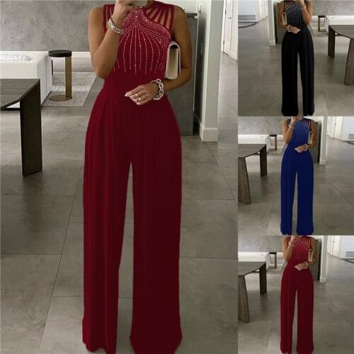 2021 New Summer Party Wear Clothes Womens Sexy Studded Cutout Ruched Wide Leg Jumpsuit Casual Sleeveless Long Pants