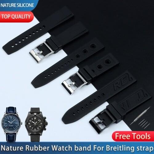 Top Quality Soft Silicone Rubber Watchband 22mm Black Watch Band Fit For navitimer avenger For Breitling Strap Pin buckle Tools