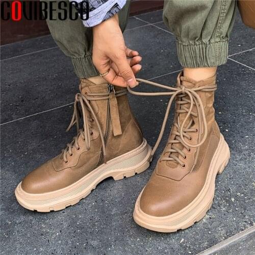 COVIBESCO Retro Casual Women Ankle Boots Genuine Leather Platforms Shoes Woman Cross-Tied Side Zipper Outdoor Boots New Arrival
