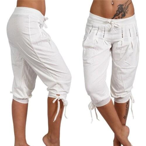 Women Pants High Waist Casual Pants Summer Solid Color Sequined Pleated Drawstring Capri Calf-Length Shorts Plus Size 2021