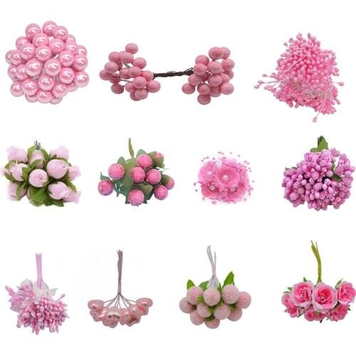 Pink Bright Berries Stamen Flower Wreath Wedding Favors Supplies DIY Baby Girl Birthday Christmas Decorative Fake Flowers Crafts