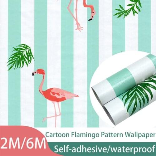 Nordic Cartoon Cute Flamingo Self-Adhesive Wallpaper Dormitory Gift Box Packaging Waterproof Wall Stricks Home Decoration