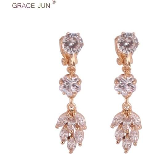 GRACE JUN High-grade AAA CZ Leaf Shape Clip on Earrings No Pierced for Women Bridal Wedding Elegant Cuff Earrings Wholesale New