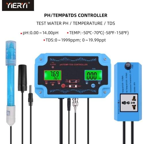Yieryi Online 3 in 1 pH/TDS/TEMP Water Quality Detector PH Controller With Electrode BNC Type Probe US EU Plug Aquarium Monitor