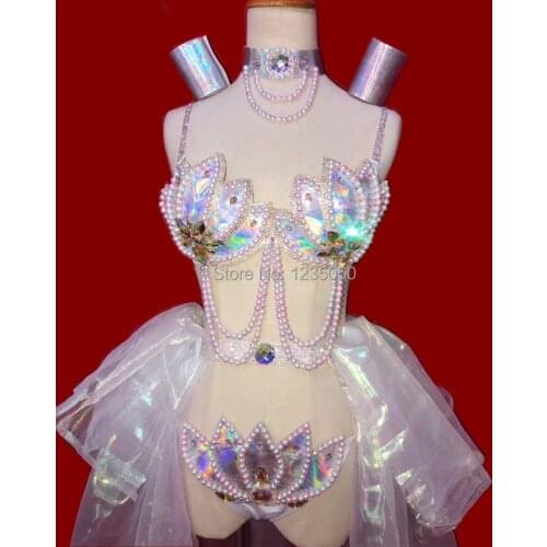 Pearls Rhinestones Bikini Sexy Bra Shorts Mini Skirt Set Nightclub Bar DJ Female Singer Costume Teams Catwalk Dance state Wears