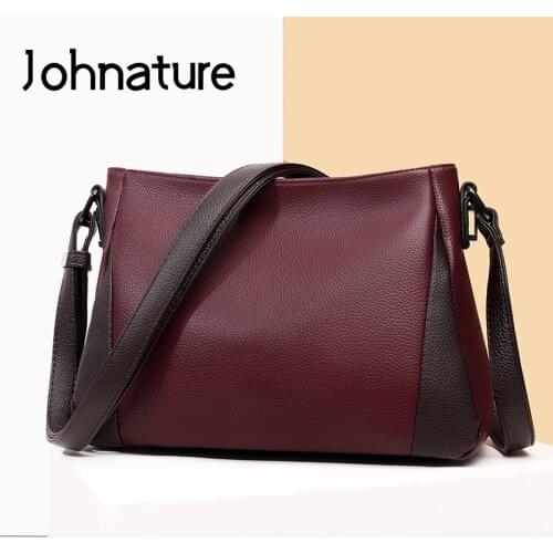 Johnature Women Bag 2021 New Fashion Soft Leather Shoulder & Crossbody Bags Leisure Solid Color Large Capacity Messenger Bag