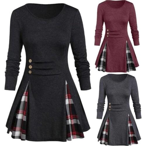 Casual Plus Size Blouse Women Top Large Swing O Neck Long Sleeve Buttons Decor Stitching Plaid Loose Blouse For Women Clothings