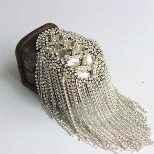 Women Men Silver Punk Fringe Shoulder Board Badge Vintage Glitter Rhinestone Tassels Chain Epaulet Uniform Accessories