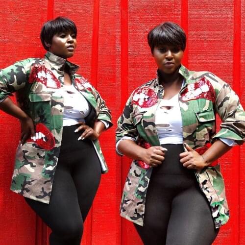 Womens Camouflage Coats With Pocket Red Sequins Lips Camo Casual Jackets For Ladies