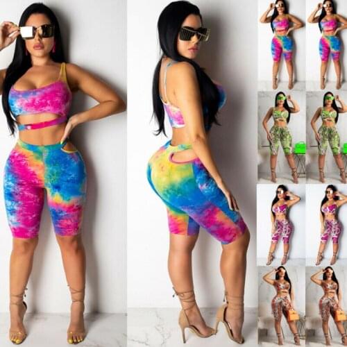 Tie-Dye Women 2 Piece Crop Top Shorts Yoga Set Outfits Sport Workout Tracksuit Ladies Snakeskin Summer Slim Beach Club Clothing