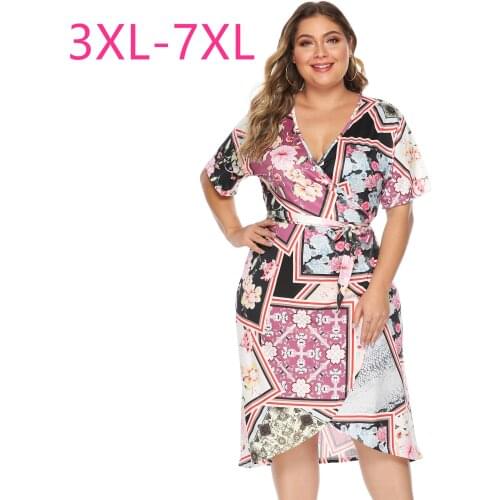 2021 new summer plus size long dress for women large slim casual short sleeve flower low cut V neck dresses belt 4XL 5XL 6XL 7XL