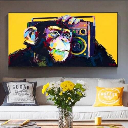 Animals Monkey Listening Music Canvas Paintings Modern Graffiti Art Poster and Prints Wall Art Picture for Room Cuadros Decor