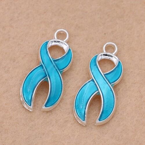 10PCS Silver Plated Enamel Blue Ribbon Charms Pendants for Jewelry Making Necklace Bracelets DIY Craft Handmade 19x6mm
