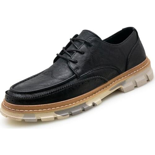 2021 Fashion Mens Leather Casual Shoes British Style Retro Black Business Shoes Low Top Martins Trend Street Tooling Footwear