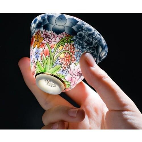 Enamel Painted Decorated Tea Set Ceramic Kung Fu Tea Cup Blue and White Porcelain with Gold Teacup Teacups Chinese Gift