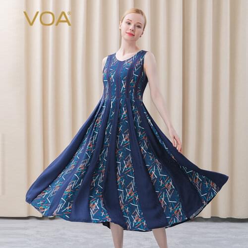 VOA 20M/m Silk Jacquard Zang-cyan Printed Stitching Arch Stitch Embroidered Pleated Sleeveless Long Dress AE556