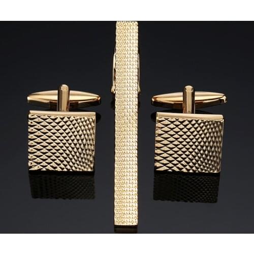 DY The new high quality fashion men square carved gold Cufflinks tie clip set men dress jewelry free shipping