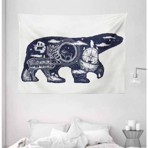 Cabin Tapestry Cosmic Fantasy Polar Bear Tattoo Art Style Boho Northern Nature Compass Wall Hanging For Bedroom Living Room Dorm